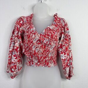 Free People Shirt Womens M Red Criss Cross Floral Smocked Crop Boho Romantic